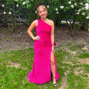 Fuschia Pink One Shoulder Prom Dress
